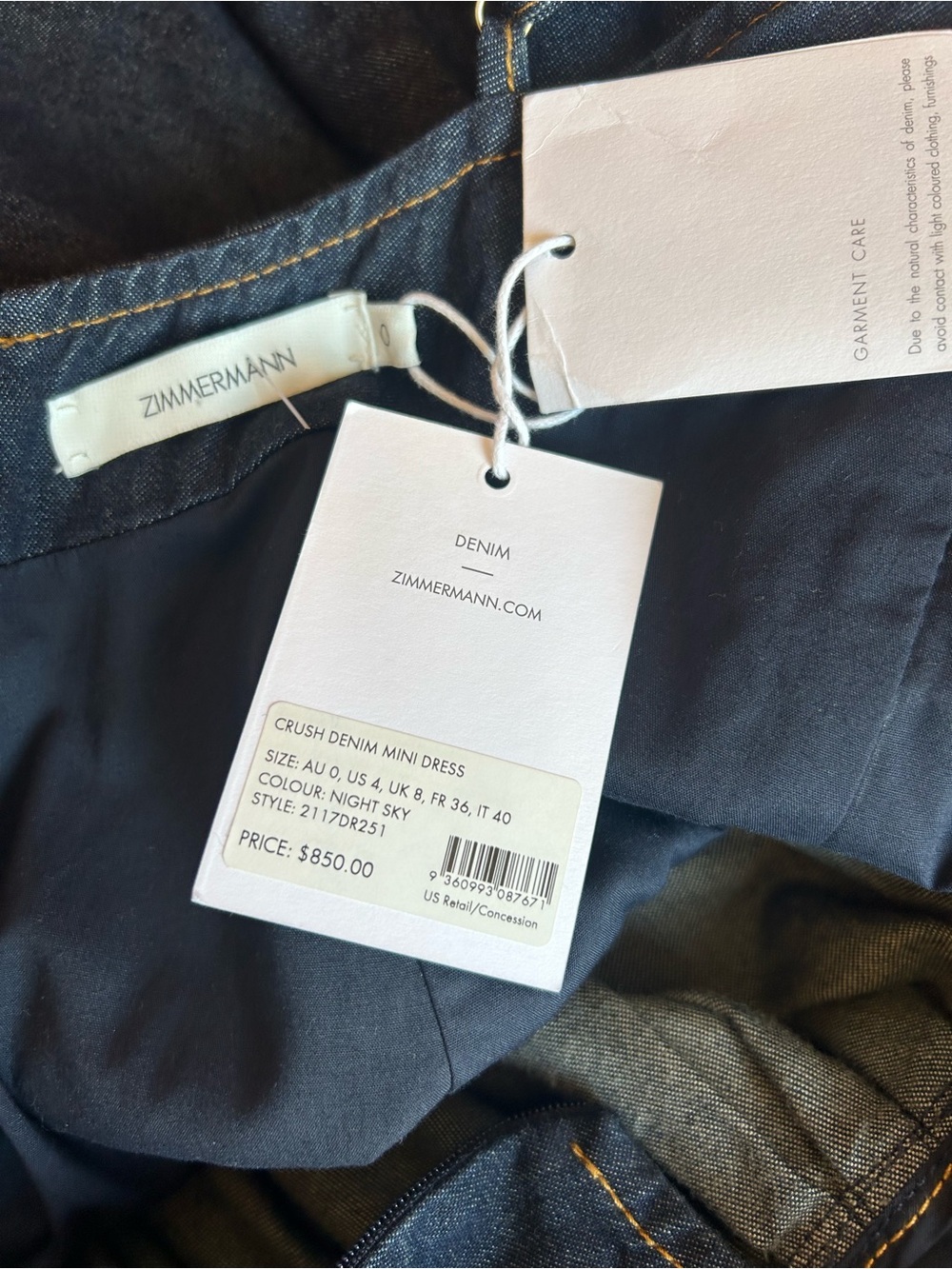 Zimmermann Crush Denim Mini Dress, Night Sky, Size 4US, New w/tags, MSRP $850 - Picture 6 of 6
